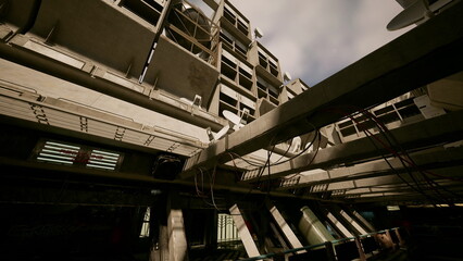 Beneath a cloudy sky, a group of architects studies the complex framework of a modern building. Exposed beams and wires highlight the innovative style in this imaginative urban environment.