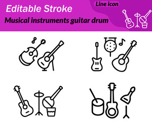 A clean vector icon showing a guitar with a curved body beside a simple drum with two sticks crossing above it. The minimal outlines highlight music rhythm and performance perfect for audio bands.