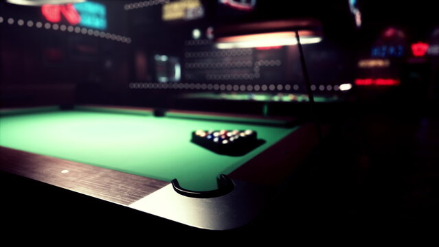 A group of friends gathers around a pool table in a dimly lit hall. The atmosphere is vibrant with neon signs shining and laughter echoing as they prepare to play a friendly game of billiards.