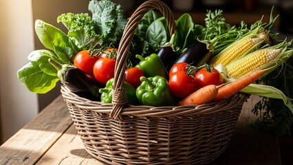A wicker basket overflowing with vegetables like tomatoes corn carrots peppers eggplants spinach and kale resting on a wooden surface