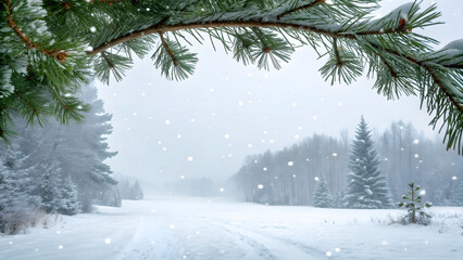 Snow falling on a winter forest road with pine branches in the foreground