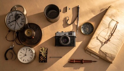 Vintage Collection of Timepieces and Tools with Bright Daylight on Beige Background