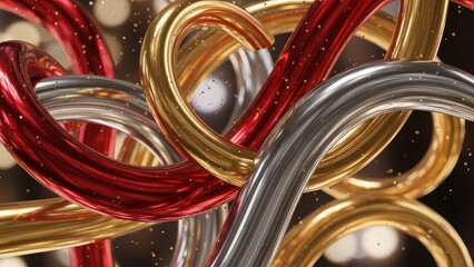 Abstract swirling metallic ribbons in red gold and silver with bokeh lights