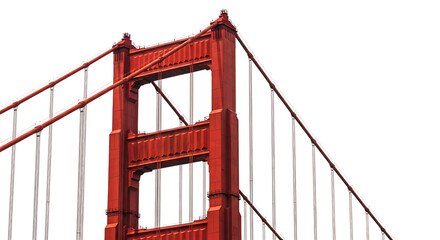 Close up of the iconic red suspension tower and cables of the Golden Gate Bridge, cutout, PNG isolated on white or transparent background