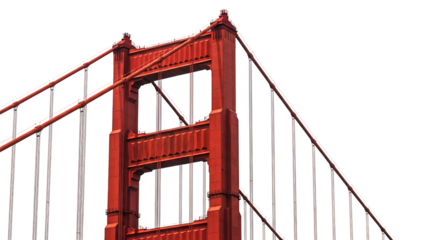 Close up of the iconic red suspension tower and cables of the Golden Gate Bridge, cutout, PNG isolated on white or transparent background
