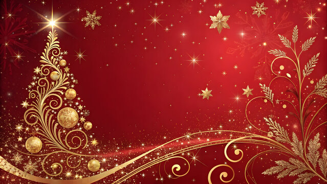 Elegant golden christmas tree with ornaments on red background - Powered by Adobe