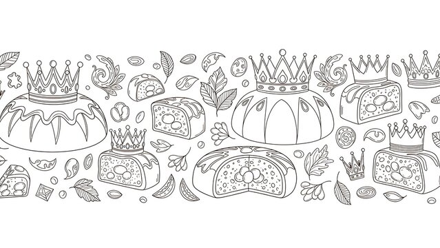 Outline seamless border with king cakes, crowns, leaves, and nuts for epiphany.
