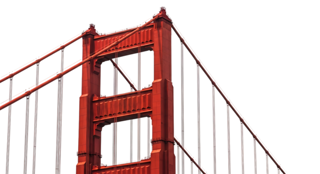 Close up of the iconic red suspension tower and cables of the Golden Gate Bridge, cutout, PNG isolated on white or transparent background