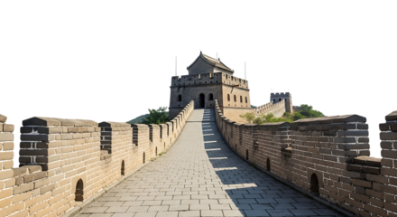 Ancient stone watchtower and walkway of the Great Wall of China, with crenellations, cutout, PNG isolated on white or transparent background