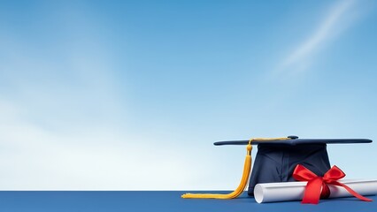 Black graduation cap with gold tassel and red-ribboned rolled diploma placed on white surface under vast clear blue sky. Timeless symbols of academic accomplishment.