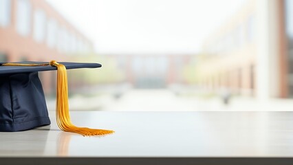 Black academic cap with golden tassel in sharp foreground focus against softly blurred university building background. Evokes graduation day pride and achievement.