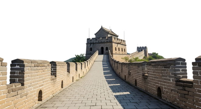 Ancient stone watchtower and walkway of the Great Wall of China, with crenellations, cutout, PNG isolated on white or transparent background