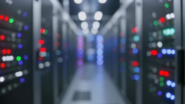 Blurry interior view of a server room with multiple blinking lights on the servers racks