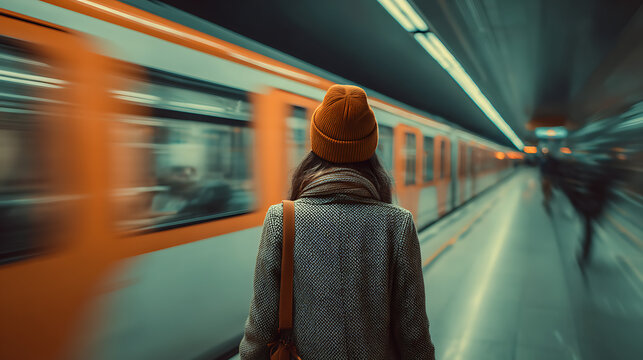 young woman commuting at metro station with train moving urban city travel lifestyle concept public transportation and modern transit journey in outdoor environment