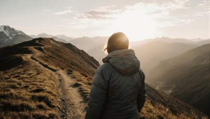 Person on mountain ridge enjoying the scenic landscape and sunset.