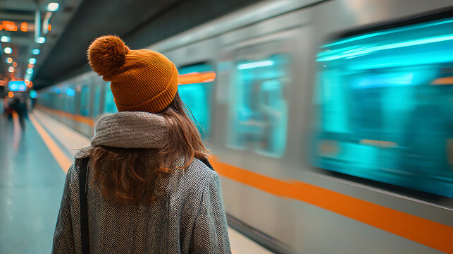 city travel concept featuring young woman standing on metro platform train passing in motion urban commuter lifestyle and modern public transportation environment