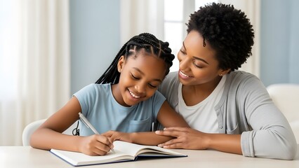 Mother assisting daughter with homework at home, education and family concept.