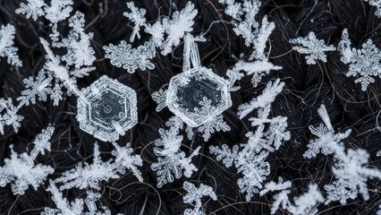 Crisp snowflakes rest on black knit intricate icy designs contrast sharply against the fabrics texture