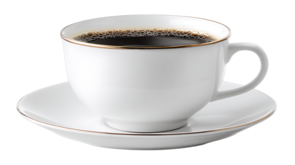 White porcelain coffee cup with gold rim filled with black coffee isolated on transparent background