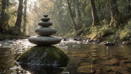Serene Stone Cairn in a Tranquil Forest Stream.