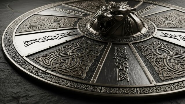 Elaborate metal shield featuring a fierce wolf head center adorned with intricate Celtic knotwork - Powered by Adobe