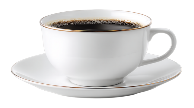 White porcelain coffee cup with gold rim filled with black coffee isolated on transparent background