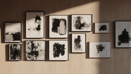 Abstract art gallery wall display with framed black and white prints.