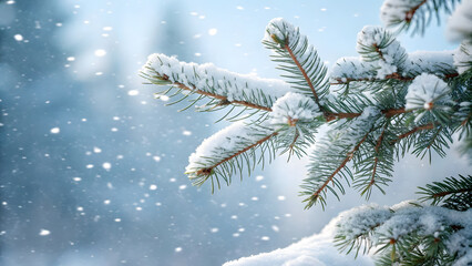 Close up of a snow covered pine tree branch with falling snowflakes