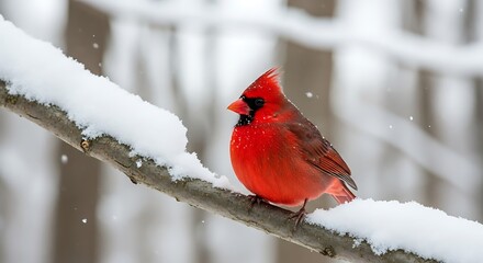 Vibrant Red Bird Perched on Snowy Winter Branch Outdoors