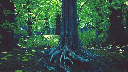 Fototapeta premium Deep roots intertwine beneath a grand tree, surrounded by vibrant green foliage in a serene forest. Morning light filters through leaves, illuminating natures beauty in harmony.