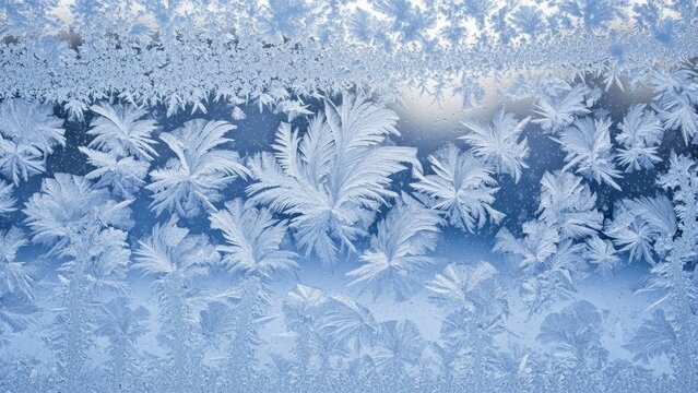 Frost patterns on glass forming fernlike crystals over a gradient blue background - Powered by Adobe