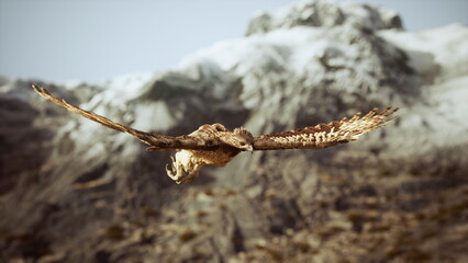 A powerful eagle glides through the clear sky, its wings fully extended, while stunning mountain peaks rise majestically in the background under the bright sun.