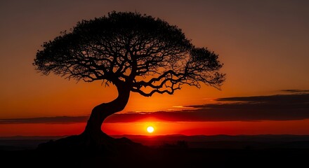 A silhouetted gnarled tree against a blazing sunset sky