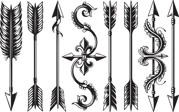 Naklejki Monochrome arrow vintage set with feather fleur cross and swirl baroque style vector illustration on transparent background ancient decorative