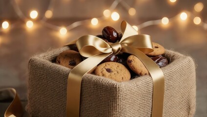 Gift box of cookies with a golden ribbon, festive and delicious.