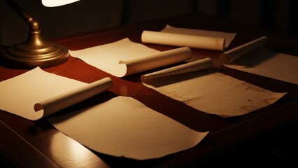 Lamp illuminates scrolls and papers on a desk casting shadows