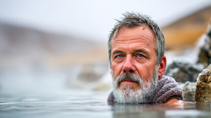 Seasoned man in natural hot spring soaking for biohacking longevity with contemplative expression