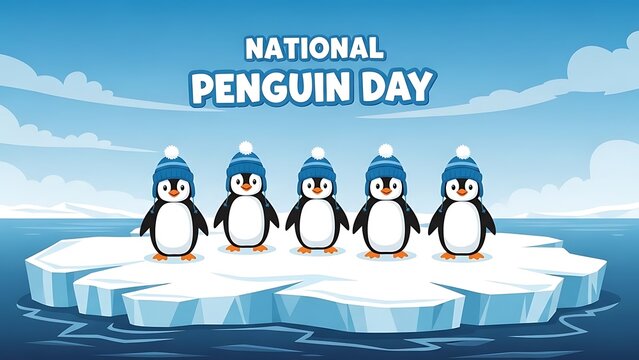 Cute cartoon penguins in blue hats on iceberg, celebrating national penguin day