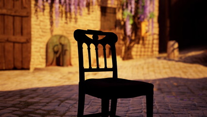 In a quiet village at sunset, a lone chair sits on a cobblestone street. Vibrant purple flowers hang nearby, adding color to the warm, golden light that envelops the scene.