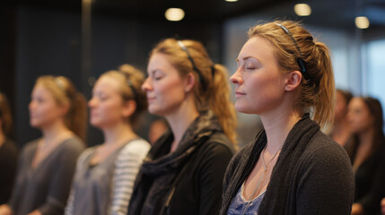Obraz premium Biohacking and longevity meditation session with woman practicing mindful breathing in group