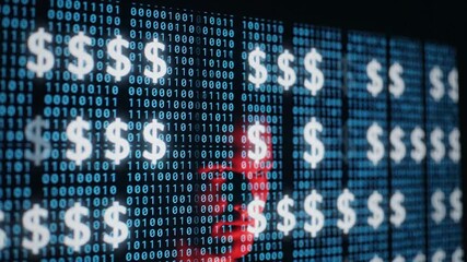 Digital financial data stream with dollar signs and binary code. - Powered by Adobe
