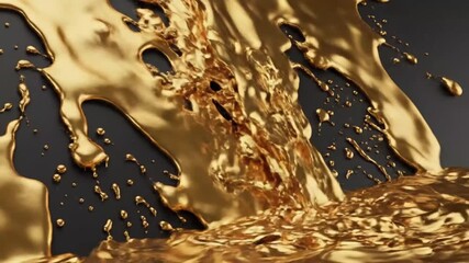 Abstract splash of liquid gold metal flowing dynamically against a dark gray background in 3d render - Powered by Adobe
