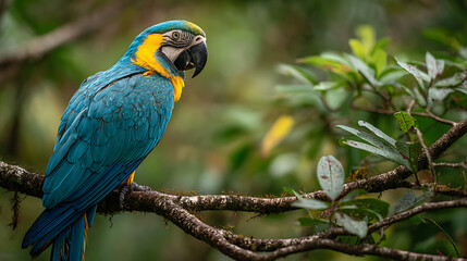Obraz premium tropical parrot with bright blue and yellow feathers sitting calmly on a tree branch surrounded by dense rainforest greenery and natural wildlife beauty