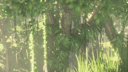 Obraz premium Sunlight streams through dense foliage in a vibrant jungle scene. Lush leaves and towering trees create a tranquil atmosphere, inviting nature lovers to explore the serene beauty.