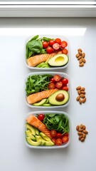 Organized weekly meal prep containers with salmon avocado and salad.