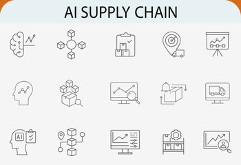 Artificial intelligence supply chain analysis planning line icons vector set
