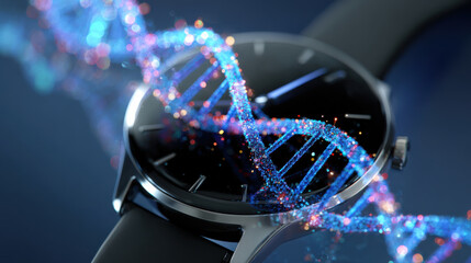 Biohacking longevity watch DNA strand overlay glowing particles elegant timepiece scene evokes futuristic wellness