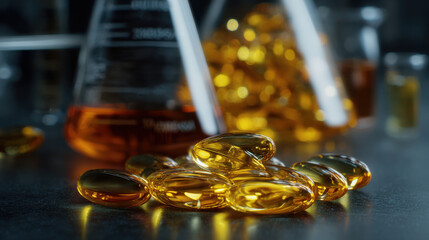 Golden supplement capsule oil biohacking longevity in laboratory setting with glassware and reflective surface