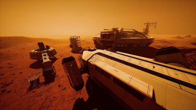 A stunning view of several spacecraft resting on a red, rocky terrain during dusk. The sky glows with orange hues, creating an otherworldly atmosphere of interstellar adventure.