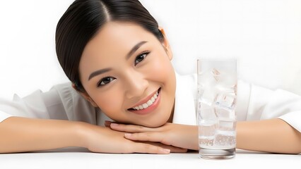 Happy beautiful Asian woman with healthy skin and a glass of water.